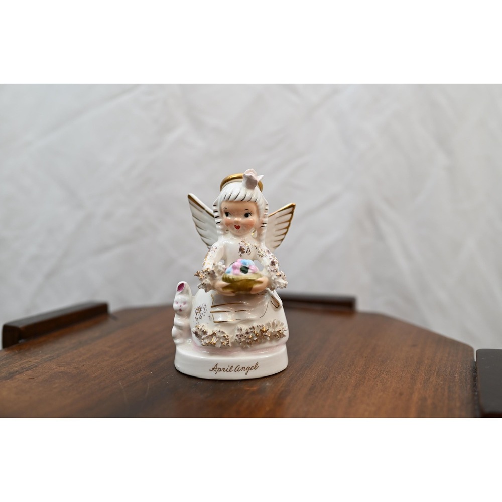 Vintage Napco April Spaghetti Angel A1364 Figurine Easter Bunny Gold Trim